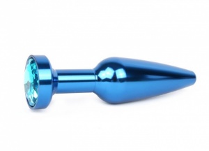 Удлиненная коническая гладкая синяя анальная втулка с голубым кристаллом - 11,3 см.