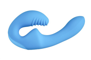Голубой безремневой страпон с пультом ДУ - 17,5 см