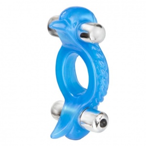 Голубое эрекционное кольцо с 2 виброэлементами Double Dolphin