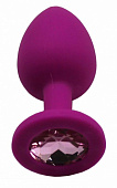 Пурпурная анальная пробка с розовым кристаллом - 7,4 см.
