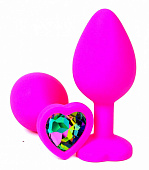 Розовая силиконовая пробка с разноцветным кристаллом-сердечком - 9,5 см.