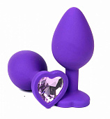 Фиолетовая силиконовая анальная пробка с сиреневым стразом-сердцем - 8 см.