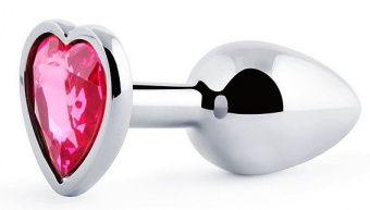 Серебристая анальная пробка с розовым кристаллом-сердечком - 7 см.