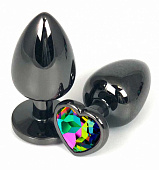 Черная анальная пробка Vander с разноцветным кристаллом-сердечком - 6,8 см.